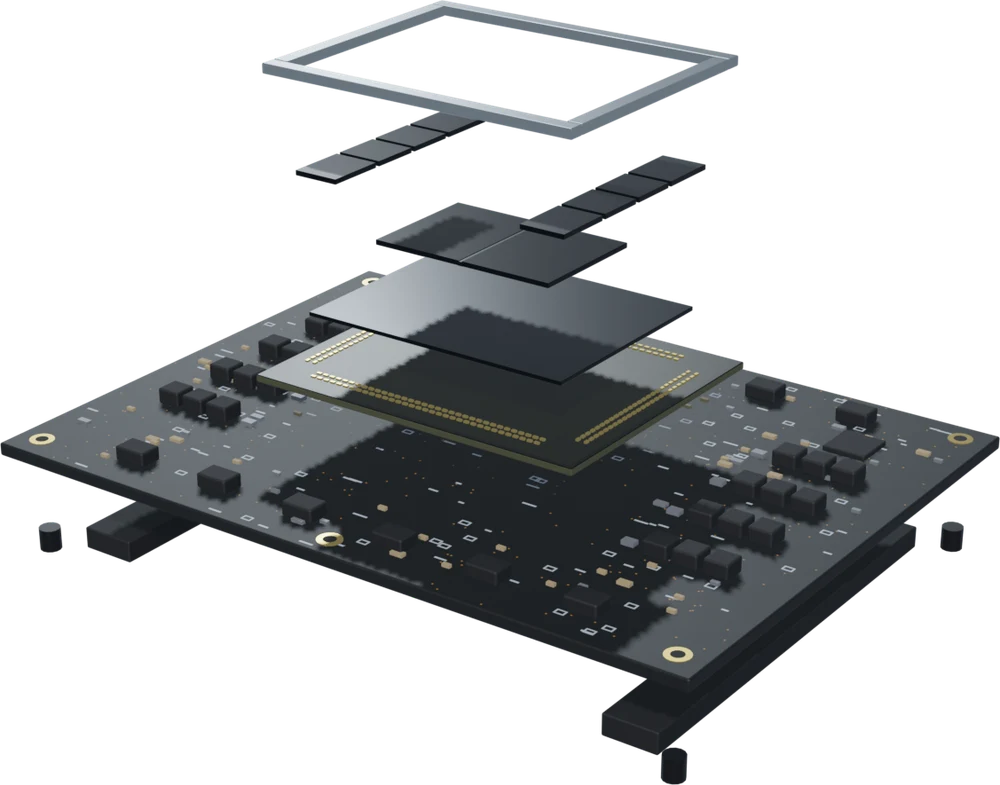 Exploded view of the NVIDIA B300 package: stiffener ring, HBM3E stacks, compute dies, interposer, substrate and SXM board