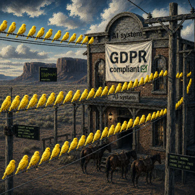 Canaries surrounding an AI system marked as GDPR compliant