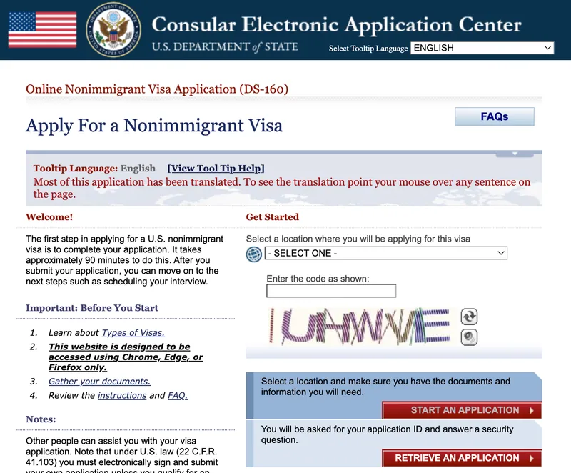 U.S. visa application website