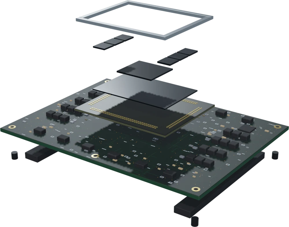 Exploded view of the NVIDIA H100 package: stiffener ring, HBM3 stacks, single compute die, interposer, substrate and SXM board
