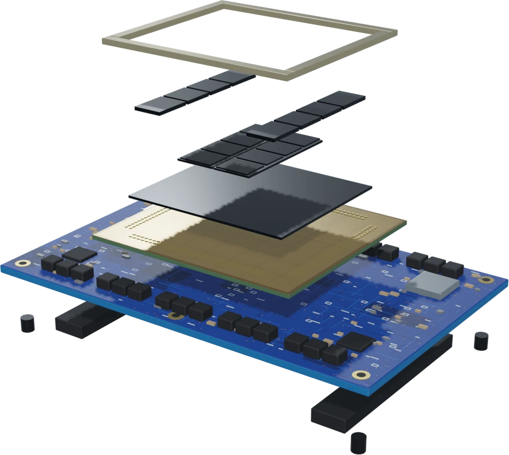 Exploded view of the AMD Instinct MI355X OAM module: stiffener ring, HBM3e stacks, compute chiplets, interposer, substrate and board